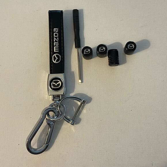 Mazda key fob Keychain in black leather and Valve stem caps in Black NWT - Picture 1 of 6
